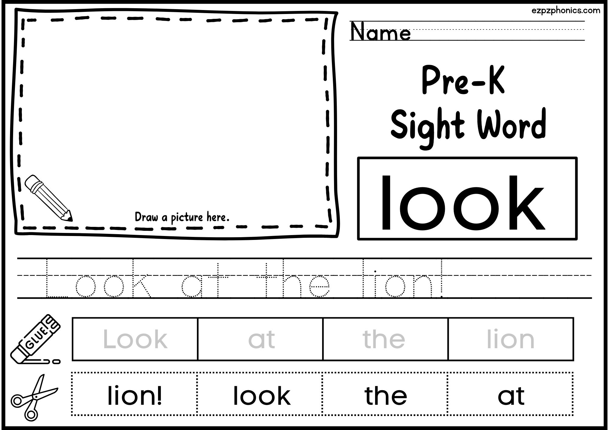 Look Dolch Sight Word Activity. Draw, Color, Cut and Paste, and Word Tracing.